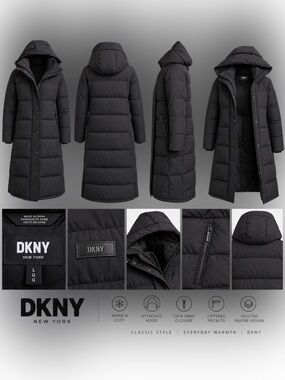 DKNY Black Long Hooded Puffer Coat